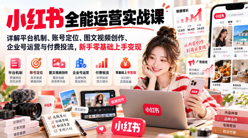 小红书全能运营实战课，详解平台机制、账号定位、图文视频创作、企业号运营与付费投流，新手零基础上手变现-九节课