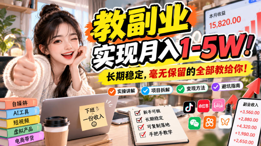 “教副业”实现月入1-5W！长期稳定，毫无保留的全部教给你！【揭秘】-九节课