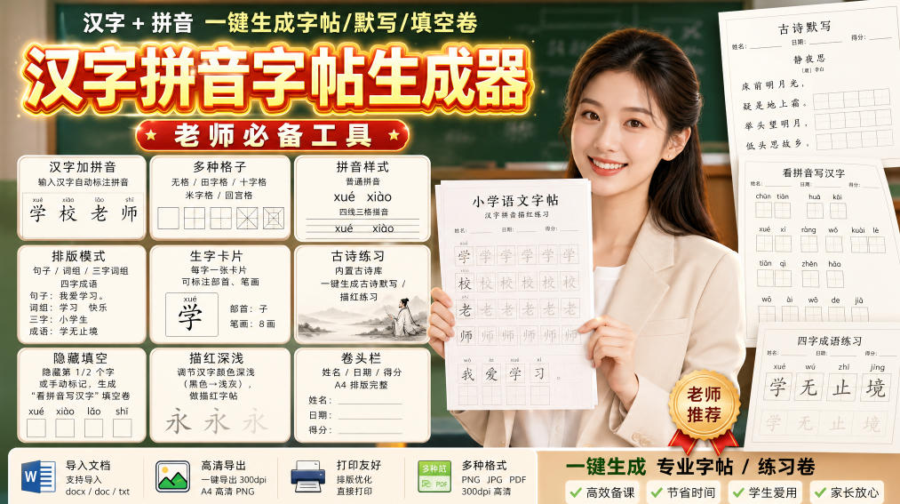 学习神器，汉字拼音字帖生成器，汉字+拼音 一键生成字帖/默写/填空卷，支持词组、成语，老师、家长必备-九节课