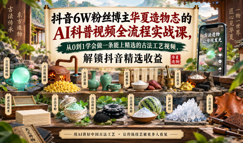 抖音6W粉丝博主华夏造物志的AI科普视频全流程实战课，从0到1学会做一条能上精选的古法工艺视频，解锁抖音精选收益-九节课