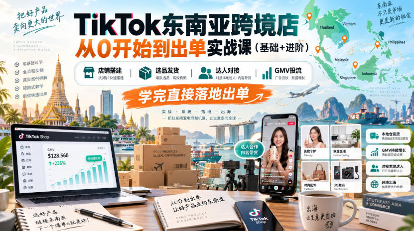 TikTok东南亚跨境店从0开始到出单实战课（基础+进阶），店铺搭建、选品发货、达人对接、GMV投流，学完直接落地出单-九节课