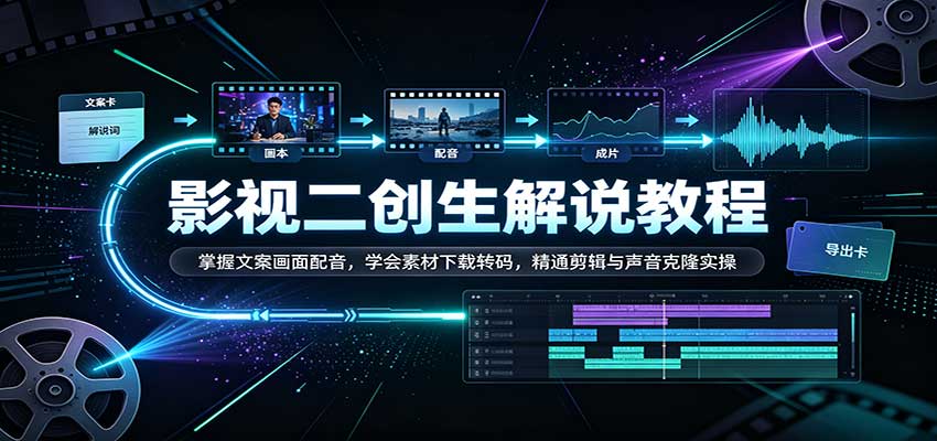 影视二创解说教程：掌握文案画面配音，学会素材下载转码，精通剪辑与声音克隆实操-九节课