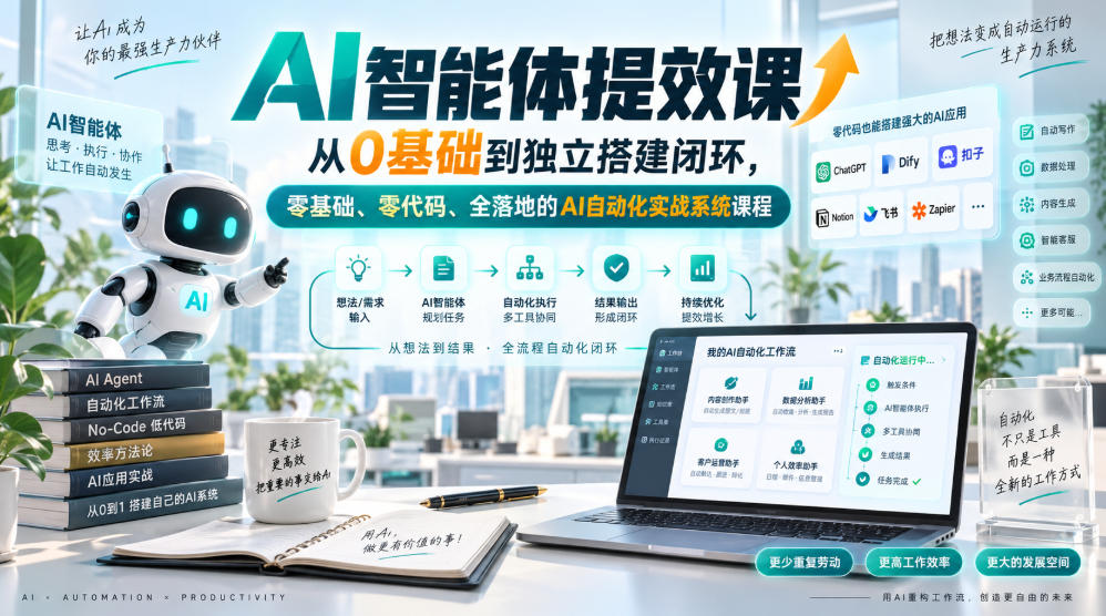 AI智能体提效课，从0基础到独立搭建闭环，零基础、零代码、全落地的AI自动化实战系统课程-九节课