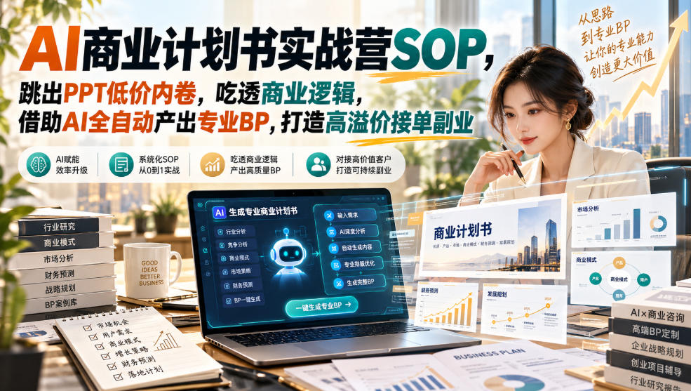 【无水印】AI商业计划书实战营SOP，跳出PPT低价内卷，吃透商业逻辑，借助AI全自动产出专业BP，打造高溢价接单副业-九节课