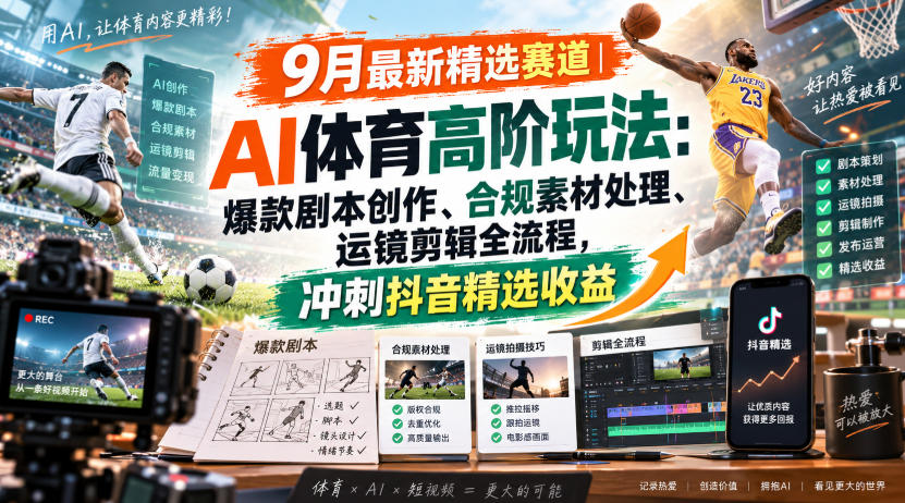 某大佬的9月最新精选赛道之AI体育顶级玩法，爆款剧本创作、版权规避、运镜剪辑全流程，稳拿抖音精选收益-九节课