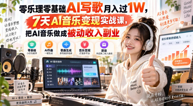 零乐理零基础AI写歌月入过1W，7天AI音乐变现实战课，把AI音乐做成被动收入副业-九节课
