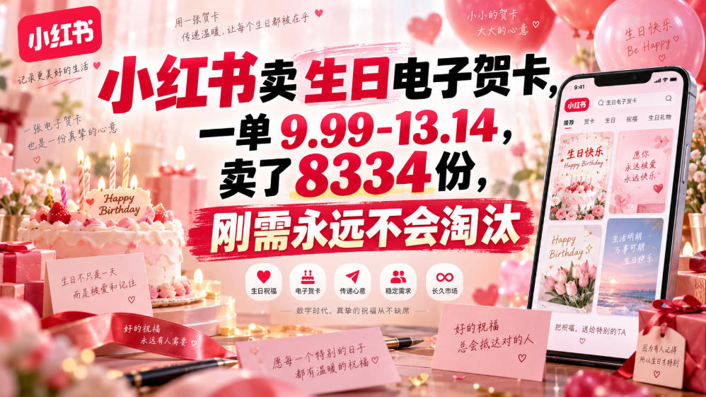 小红书卖生日电子贺卡，一单9.99-13.14，卖了8334份，刚需永远不会淘汰-九节课