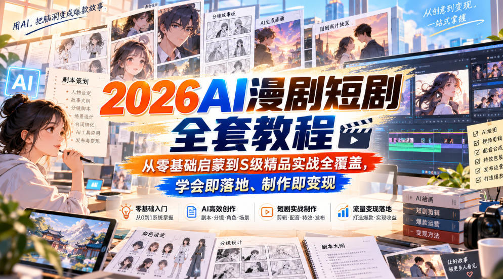 【无水印】2026AI漫剧短剧全套教程，从零基础启蒙到S级精品实战全覆盖，学会即落地、制作即变现-九节课