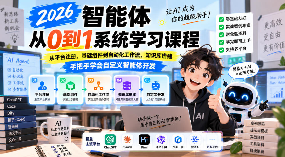 2026智能体从0到1系统学习课程，从平台注册、基础组件到自动化工作流、知识库搭建，手把手学会自定义智能体开发-九节课