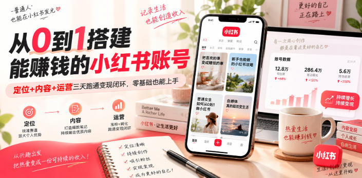 从0到1搭建能賺钱的小红书账号，定位+内容+运营三天跑通变现闭环-九节课