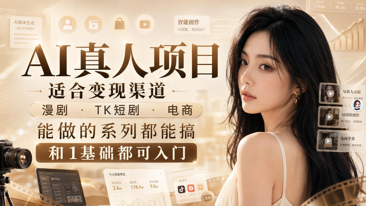 AI真人项目，适合变现渠道，漫剧，TK短剧，电商，能做的系列都能搞，0和1基础都可入门-九节课