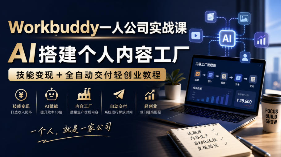 Workbuddy一人公司实战课，AI搭建个人内容工厂，技能变现+全自动交付轻创业教程​-九节课