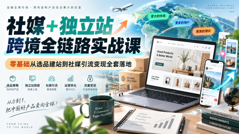 社媒+独立站跨境全链路实战课｜零基础从选品建站到社媒引流变现全套落地-九节课