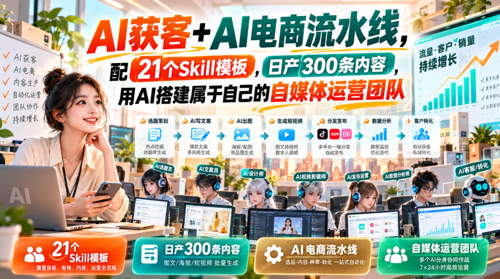 AI获客+AI电商流水线，配21个Skill模板，日产300条内容，用AI搭建属于自己的自媒体运营团队-九节课