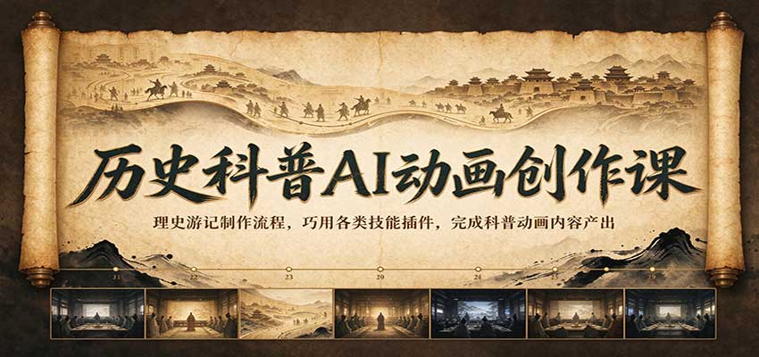 历史科普AI动画创作课：理史游记制作流程，巧用各类技能插件，完成科普动画内容产出-九节课