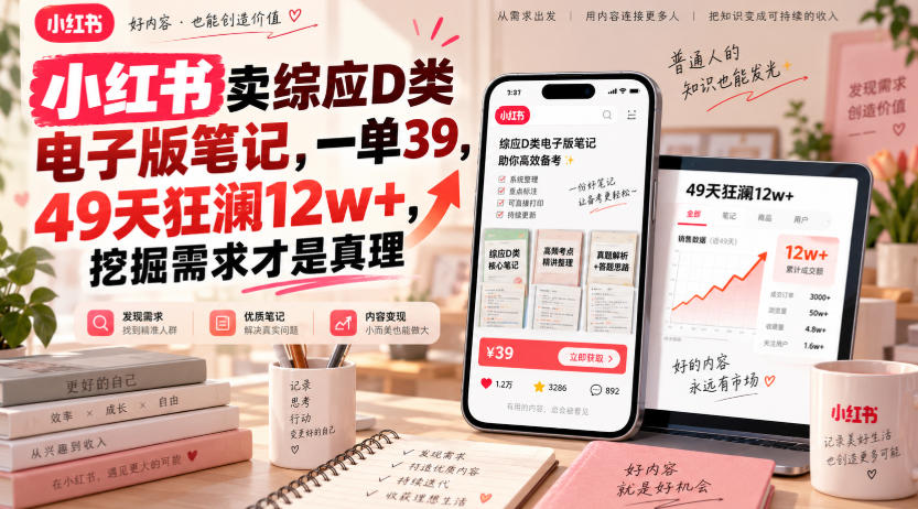 小红书卖综应D类电子版笔记，一单39，49天狂澜12w+，挖掘需求才是真理-九节课