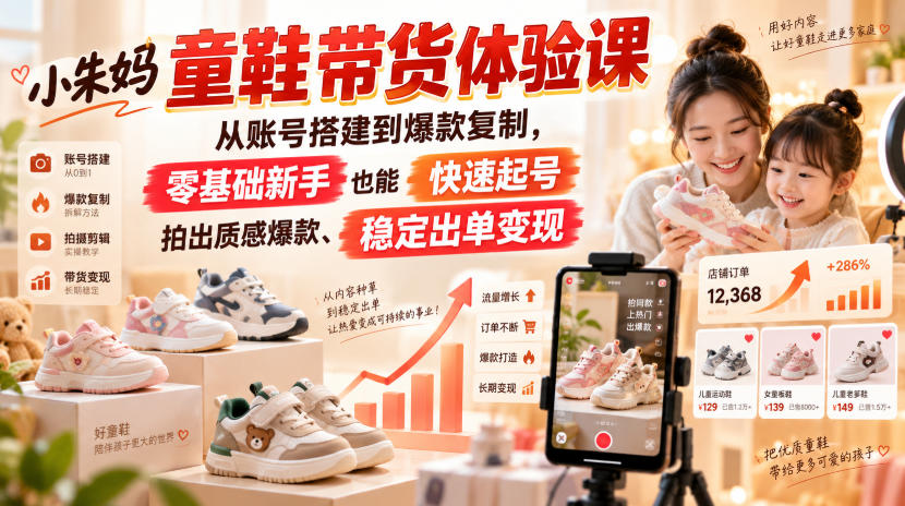 小朱妈童鞋带货体验课，从账号搭建到爆款复制，零基础新手也能快速起号、拍出质感爆款、稳定出单变现-九节课