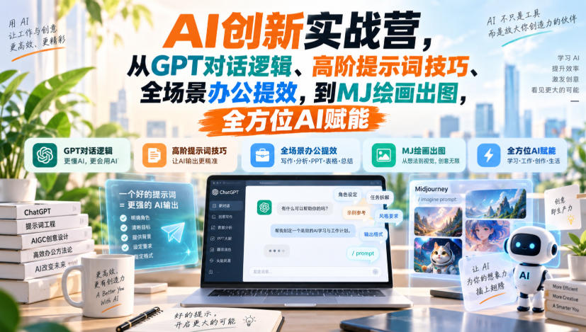 AI创新实战营，从GPT对话逻辑、高阶提示词技巧、全场景办公提效，到MJ绘画出图，全方位AI赋能-九节课