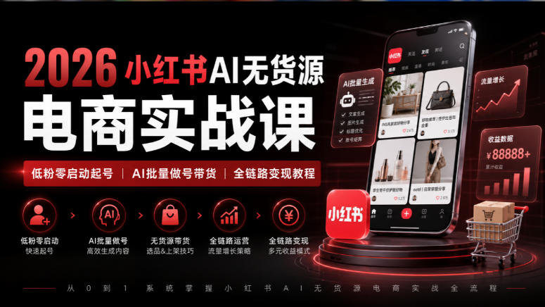 2026小红书AI无货源电商实战课｜低粉零启动起号｜AI批量做号带货全链路变现教程-九节课