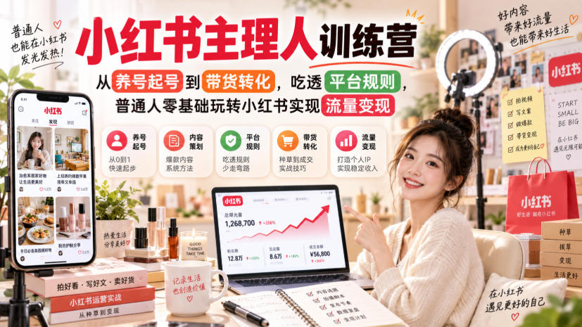 小红书主理人训练营，从养号起号到带货转化，吃透平台规则，普通人零基础玩转小红书实现流量变现-九节课