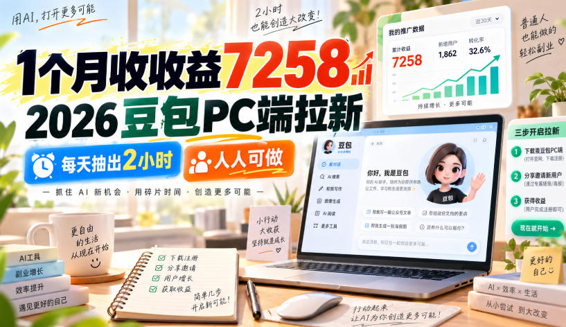 1个月收收益7258，2026豆包PC端拉新，每天抽出2小时，人人可做-九节课