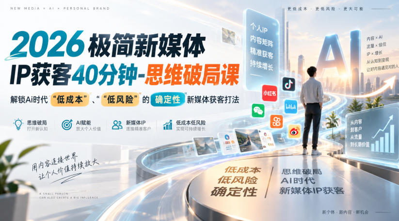 2026极简新媒体IP获客40分钟-思维破局课，解锁Ai时代“低成本”、“低风险”的确定性新媒体获客打法-九节课
