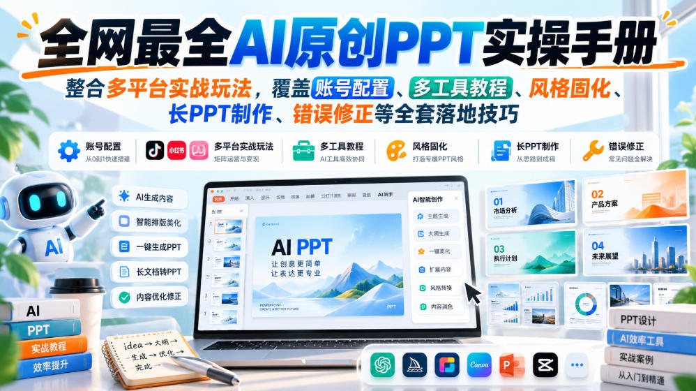 全网最全AI原创PPT实操手册，整合多平台实战玩法，覆盖账号配置、多工具教程、风格固化、长PPT制作、错误修正等全套落地技巧-九节课