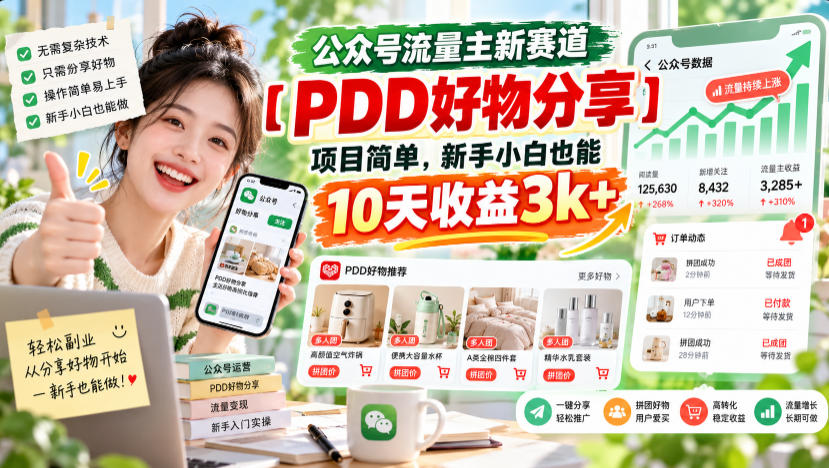 公众号流量主新赛道【PDD好物分享】，项目简单，新手小白也能10天收益3k+-九节课