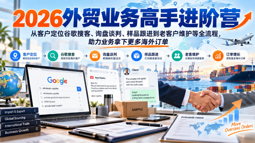 2026外贸业务高手进阶营，从客户定位谷歌搜客、询盘谈判、样品跟进到老客户维护等全流程，助力业务拿下更多海外订单-九节课
