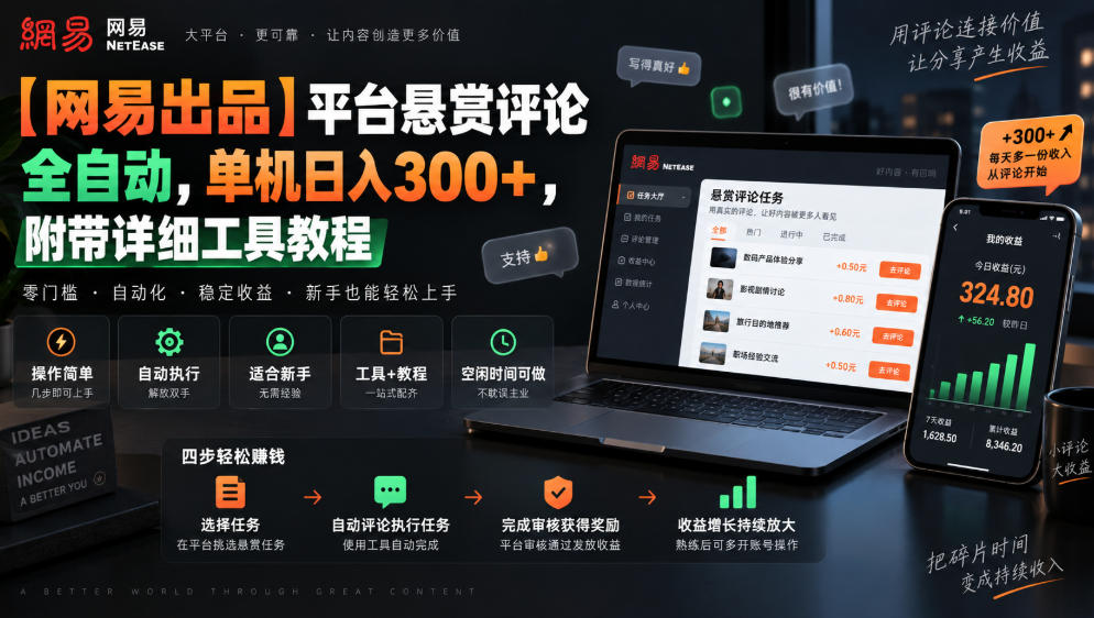 【网易出品】平台悬赏评论全自动，单机日入300+，附带详细工具教程【揭秘】-九节课