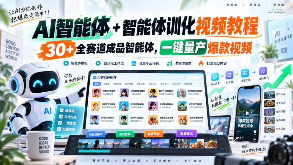 AI智能体+智能体训化视频教程，30+全赛道成品智能体，一键量产爆款视频-九节课