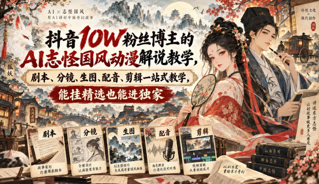 抖音10W粉丝博主的AI志怪国风动漫解说教学，剧本、分镜、生图、配音、剪辑一站式教学，能挂精选也能进独家​-九节课