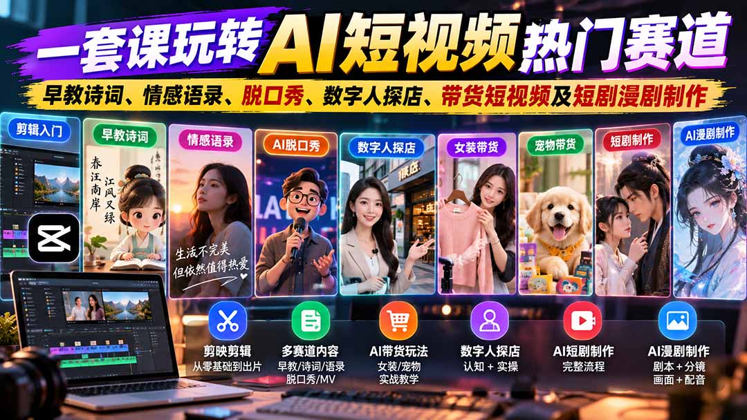 （20964期）一套课玩转AI短视频热门赛道：早教诗词、情感语录、脱口秀、数字人探店、带货短视频及短剧漫剧制作  复制标题-九节课