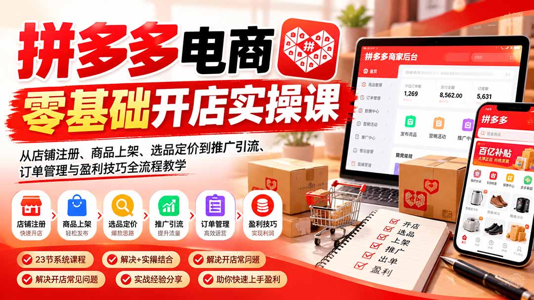 （21261期）拼多多电商零基础开店实操课：从店铺注册、商品上架、选品定价到推广引流、订单管理与盈利技巧全流程教学-九节课