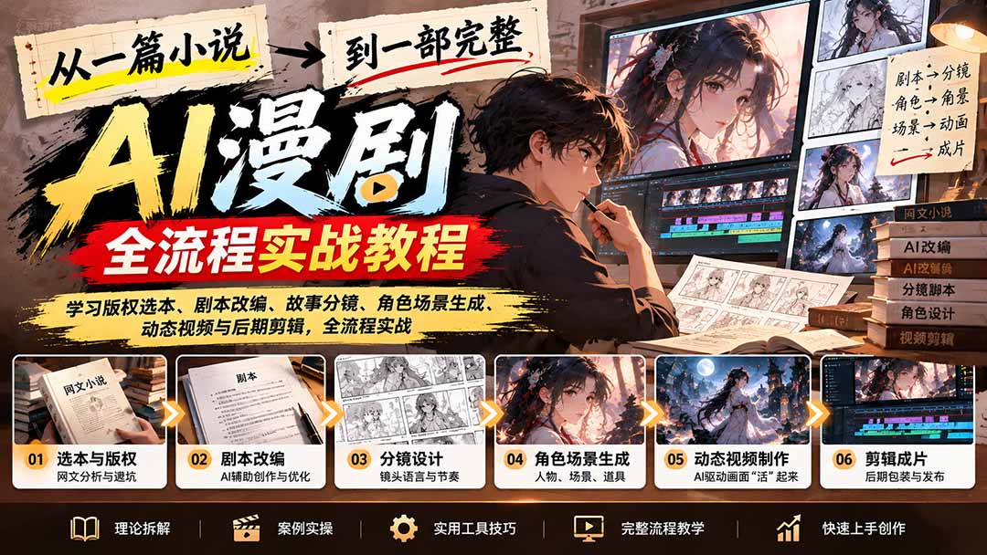 （21262期）从一篇小说到一部完整AI漫剧：学习版权选本、剧本改编、故事分镜、角色场景生成、动态视频与后期剪辑-九节课