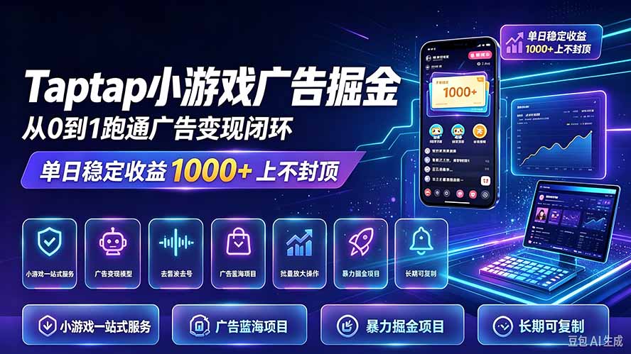 （21263期）TapTap小游戏广告掘金日赚收益1000+上不封顶-九节课