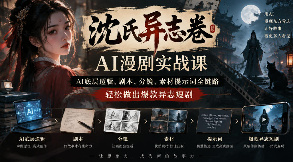 沈氏异志卷AI漫剧实战课｜AI底层逻辑、剧本、分镜、素材提示词全链路，轻松做出爆款异志短剧-九节课