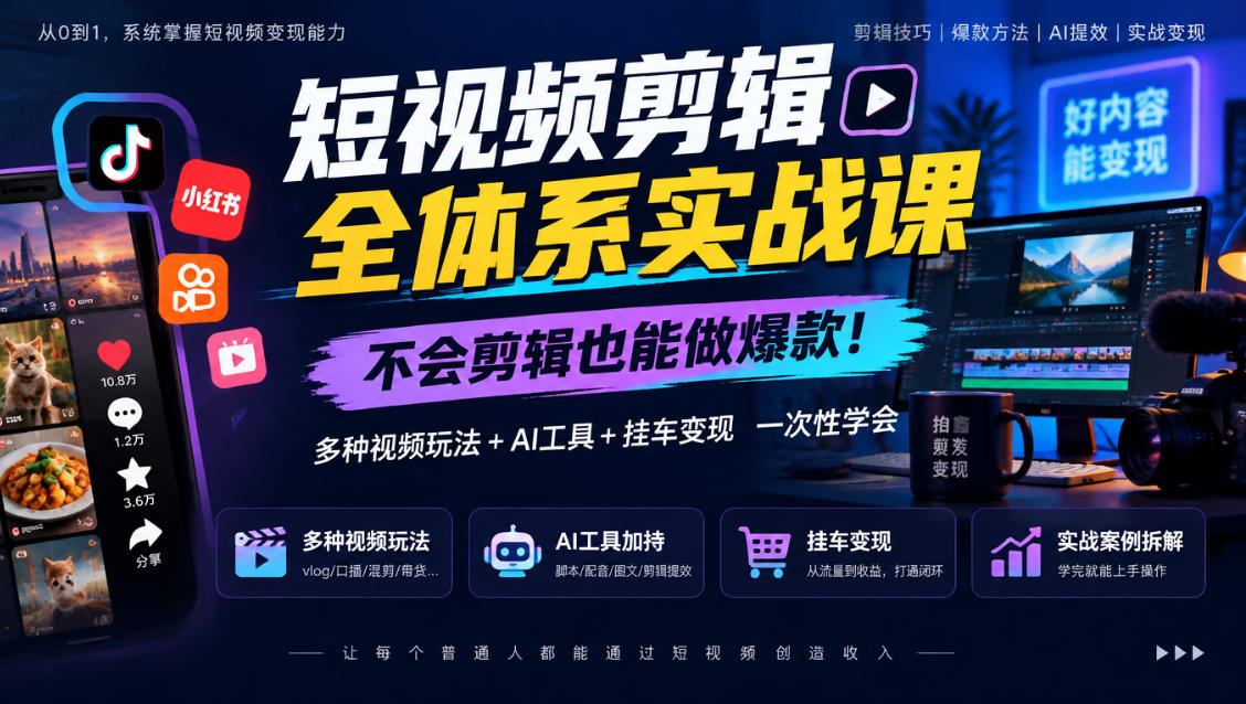 短视频剪辑全体系实战课，不会剪辑也能做爆款，多种视频玩法+AI工具+挂车变现一次性学-九节课