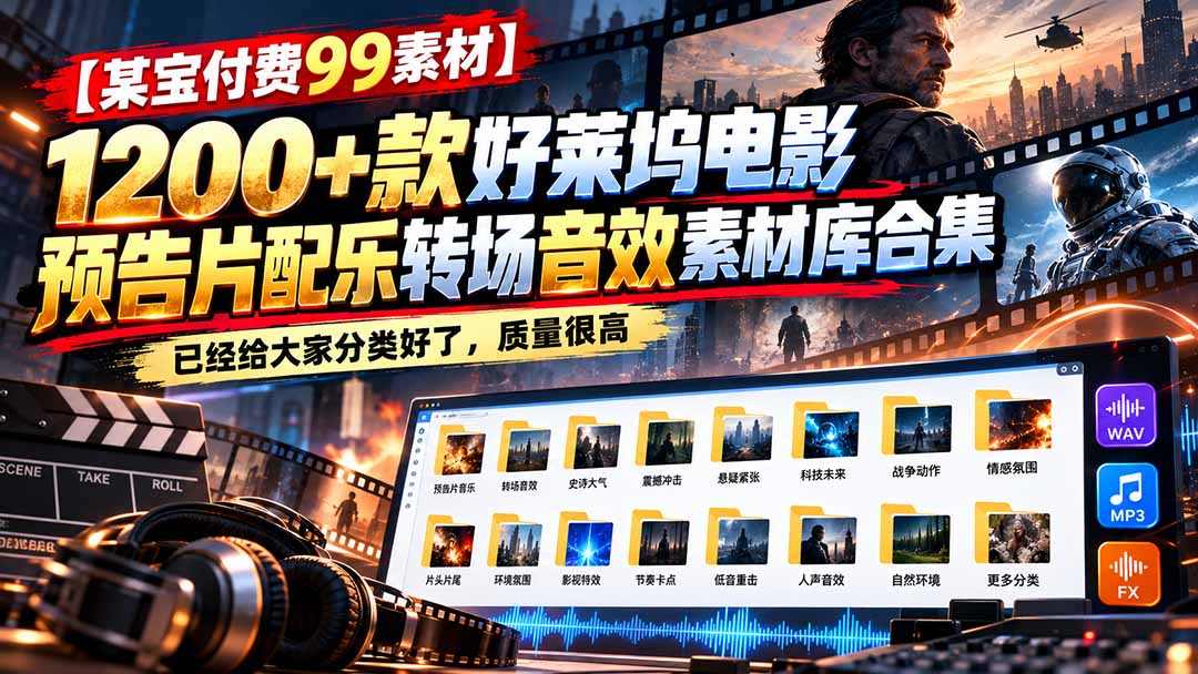 （20797期）【某宝付费99素材】1200+款好莱坞电影预告片配乐转场音效素材库合集-九节课