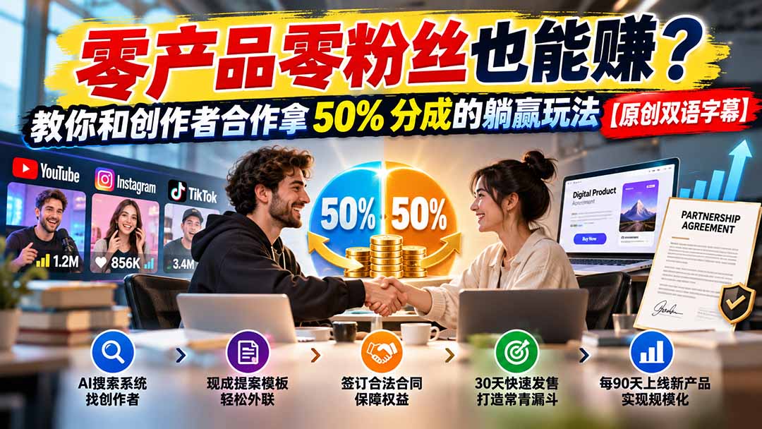 （20957期）零产品零粉丝也能赚？教你和创作者合作拿 50% 分成的躺赢玩法【原创双语字幕】-九节课