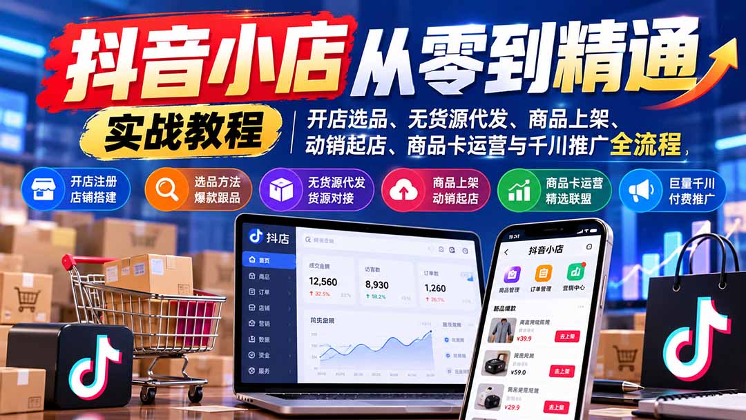 （21264期）抖音小店从零到精通实战教程：开店选品、无货源代发、商品上架、动销起店、商品卡运营与千川推广全流程-九节课