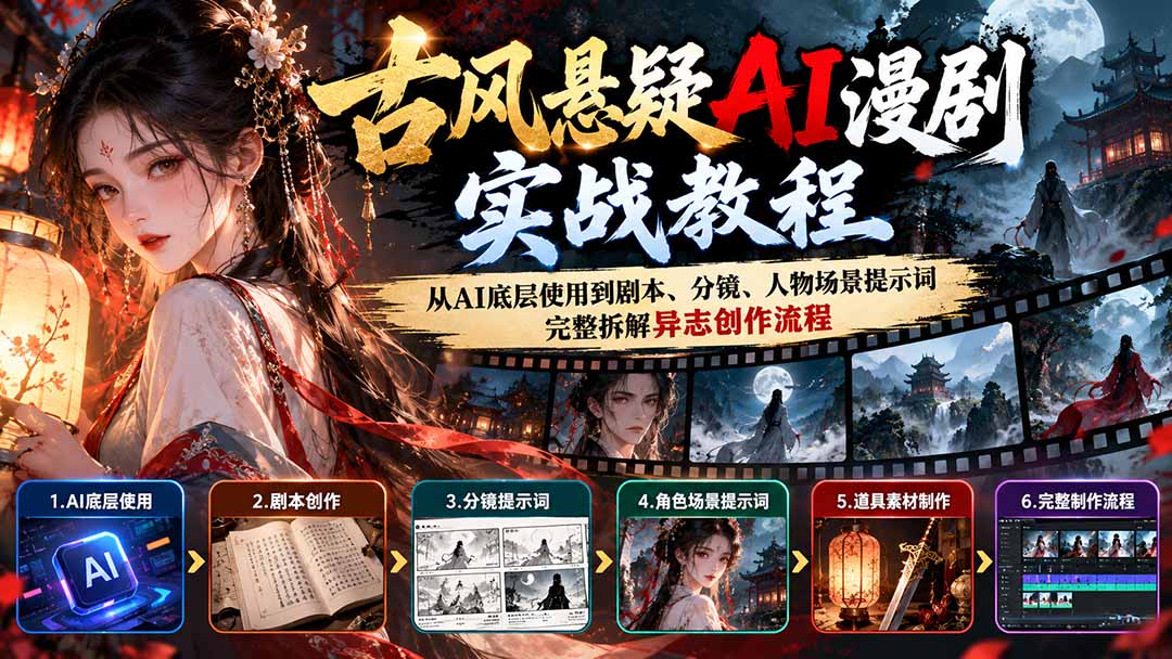 （20798期）古风悬疑AI漫剧实战教程：从AI底层使用到剧本、分镜、人物场景提示词，完整拆解异志创作流程-九节课
