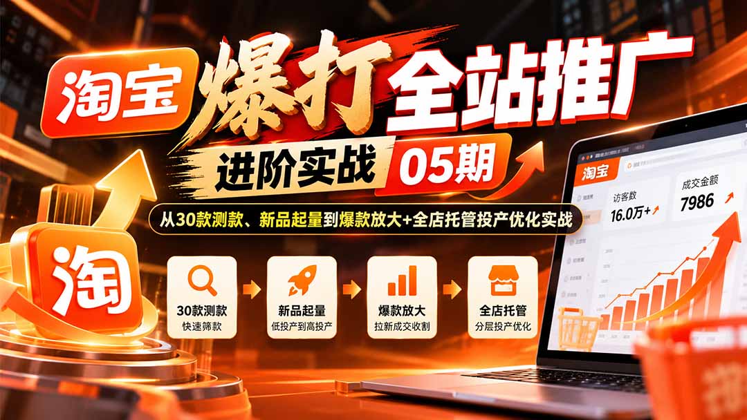 （20817期）淘宝爆打全站推广进阶实战05期：从30款测款、新品起量到爆款放大+全店托管投产优化实战-九节课