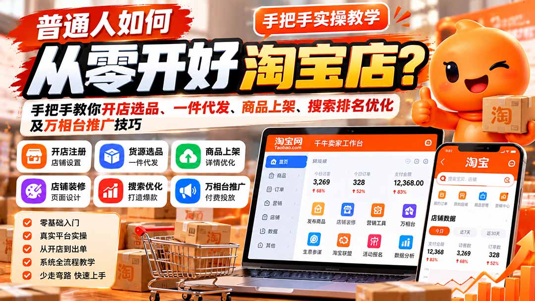 （21265期）普通人如何从零开好淘宝店？手把手教你开店选品、一件代发、商品上架、搜索排名优化及万相台推广技巧-九节课