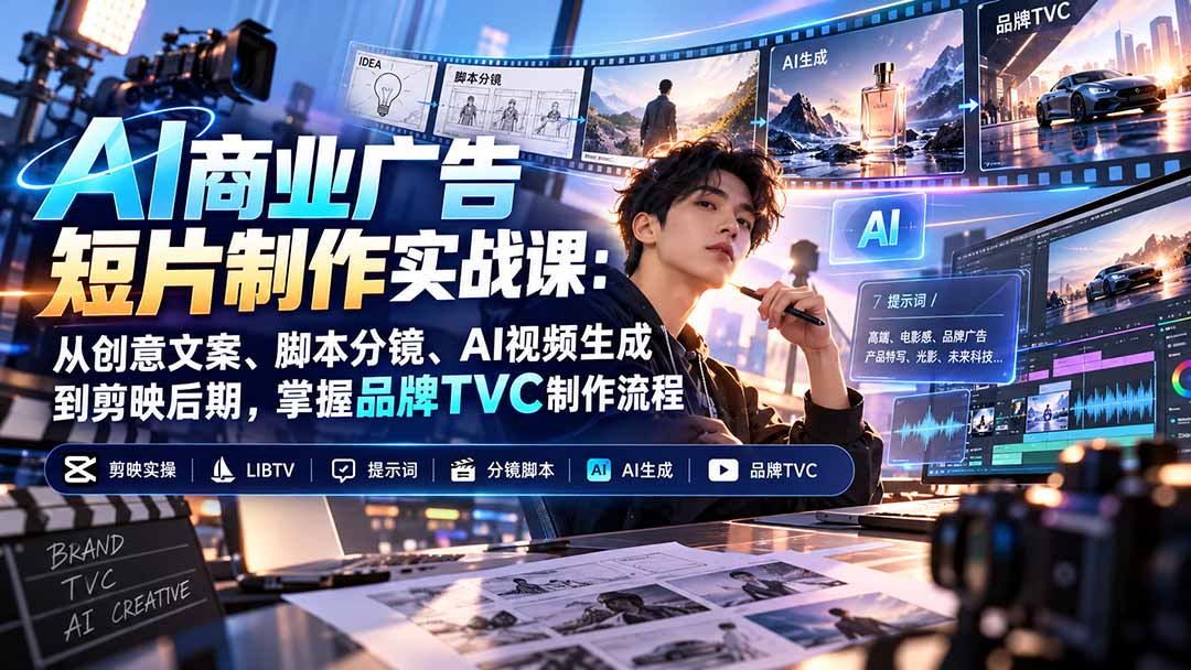 （20863期）AI商业广告短片制作实战课：从创意文案、脚本分镜、AI视频生成到剪映后期，掌握品牌TVC制作流程-九节课