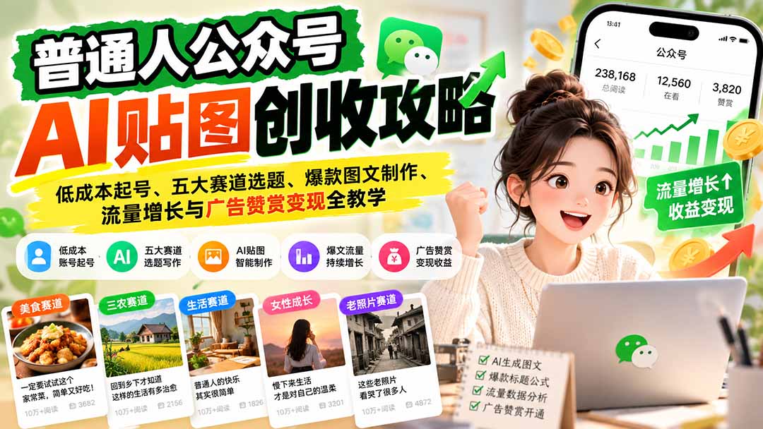 （20972期）普通人公众号AI贴图创收攻略：低成本起号、五大赛道选题、爆款图文制作、流量增长与广告赞赏变现全教学-九节课
