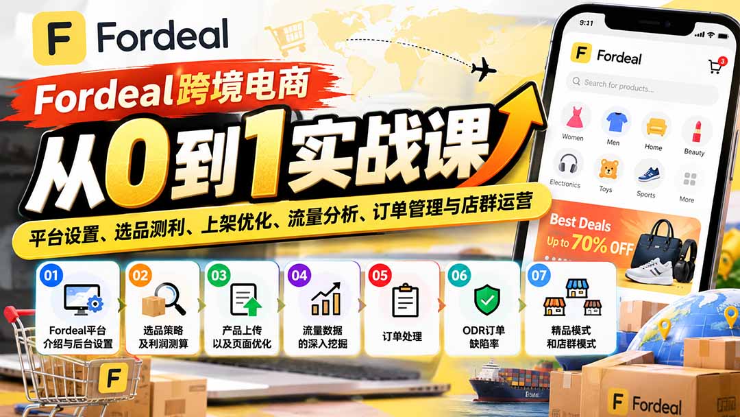 （20914期）Fordeal跨境电商从0到1实战课：平台设置、选品测利、上架优化、流量分析、订单管理与店群运营-九节课