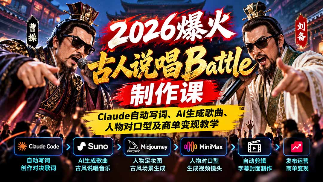 （21059期）2026爆火古人说唱Battle制作课：Claude自动写词、AI生成歌曲、人物对口型及商单变现教学-九节课