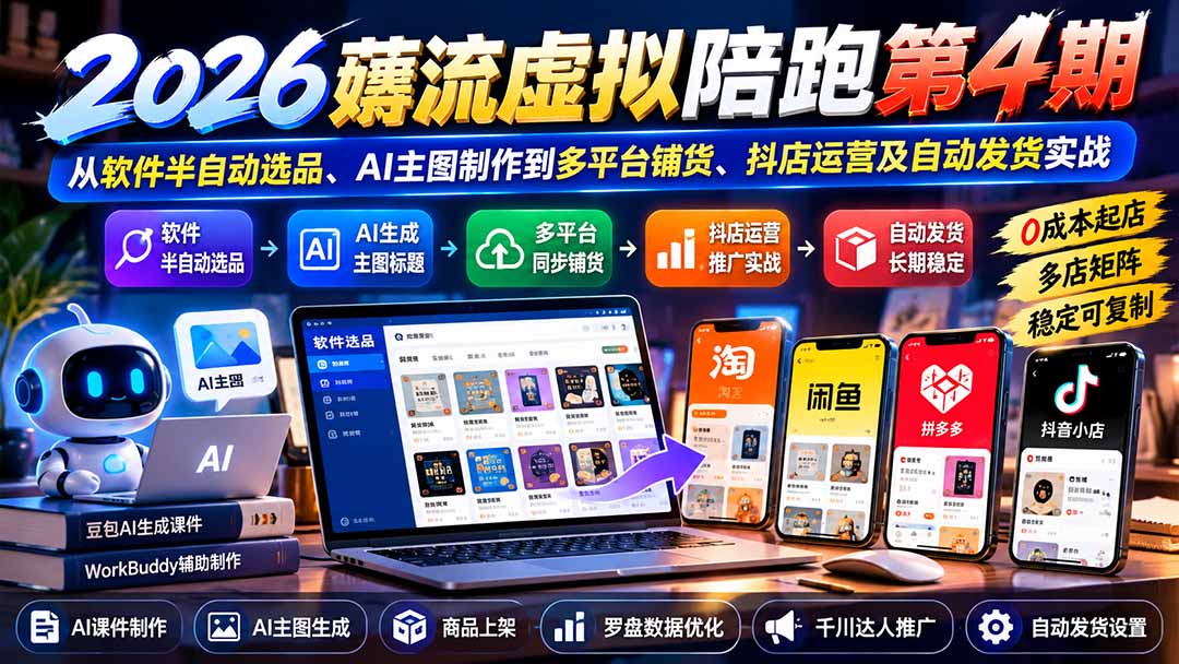 （20986期）2026薅流虚拟陪跑第4期：从软件半自动选品、AI主图制作到多平台铺货、抖店运营及自动发货实战-九节课