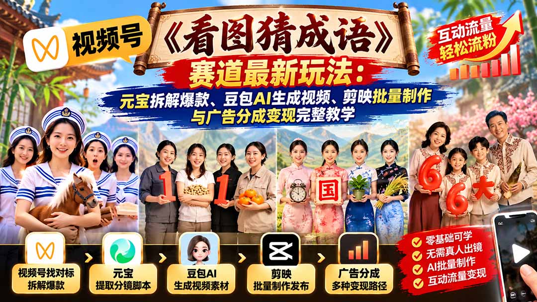（21060期）视频号《看图猜成语》赛道最新玩法：元宝拆解爆款、豆包AI生成视频、剪映批量制作与广告分成变现完整教学-九节课